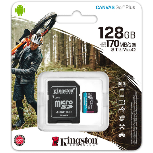 Karta pamięci microSDXC Kingston Canvas Go Plus, 128 GB, klasa 10 / UHS-1 U3, z adapterem SDCG3/128 GB