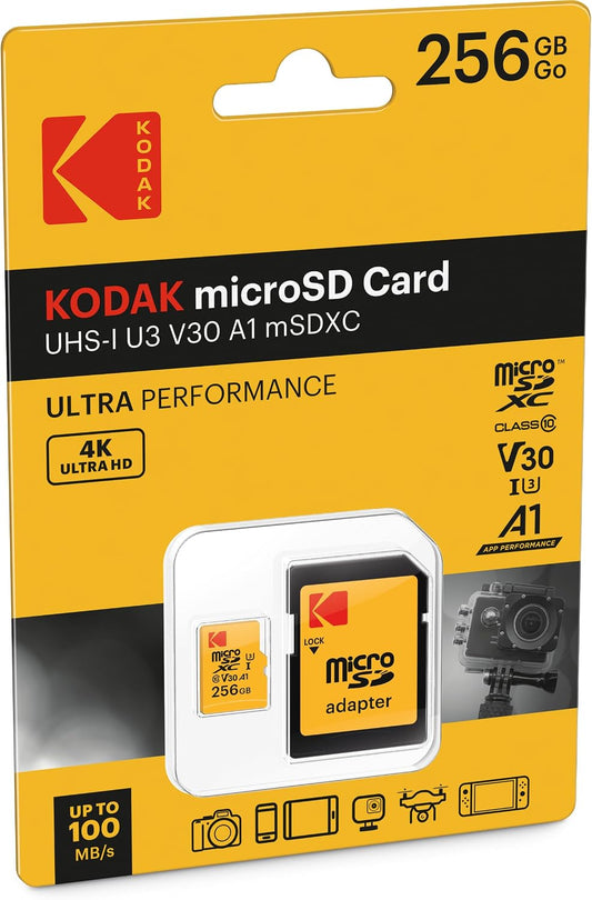 Karta pamięci microSDXC Kodak, 256GB, Klasa 10 / UHS-1 U3, z adapterem EKMSDM256GXC10HPRK