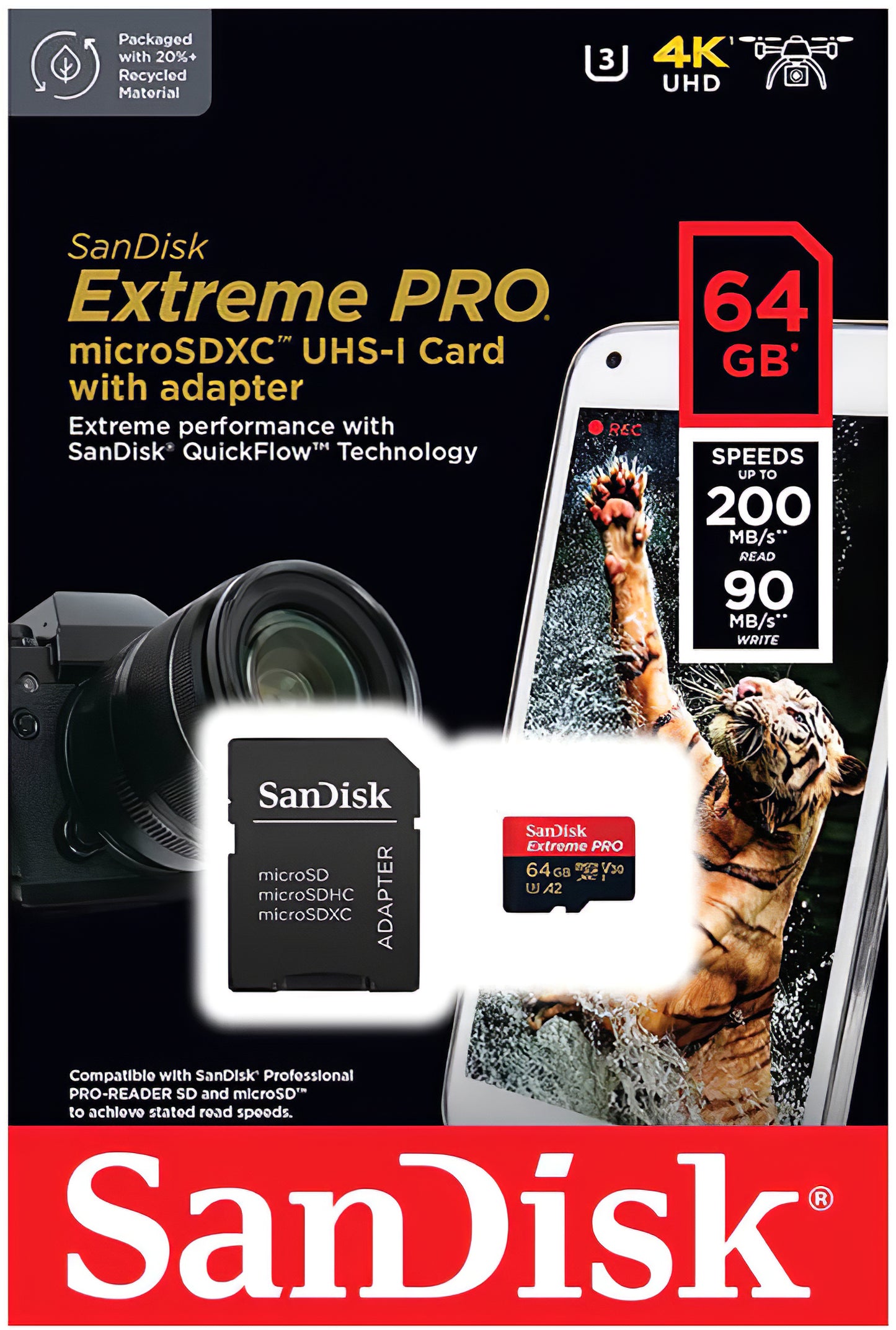 Karta pamięci microSDXC SanDisk Extreme Pro, 64Gb, Klasa 10 / UHS-1 U3, Z adapterem SDSQXCU-064G-GN6MA