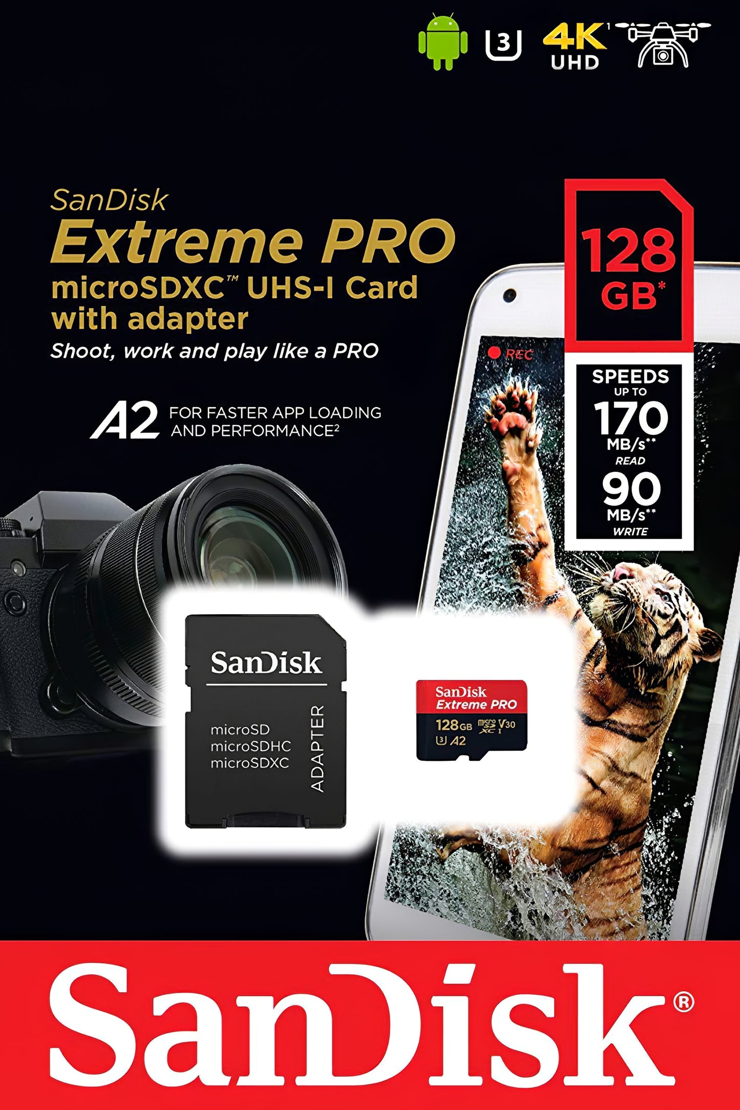 SanDisk Extreme Pro microSDXC Memory Card, 128Gb, Class 10 / UHS-1 U3, With Adapter SDSQXCD-128G-GN6MA