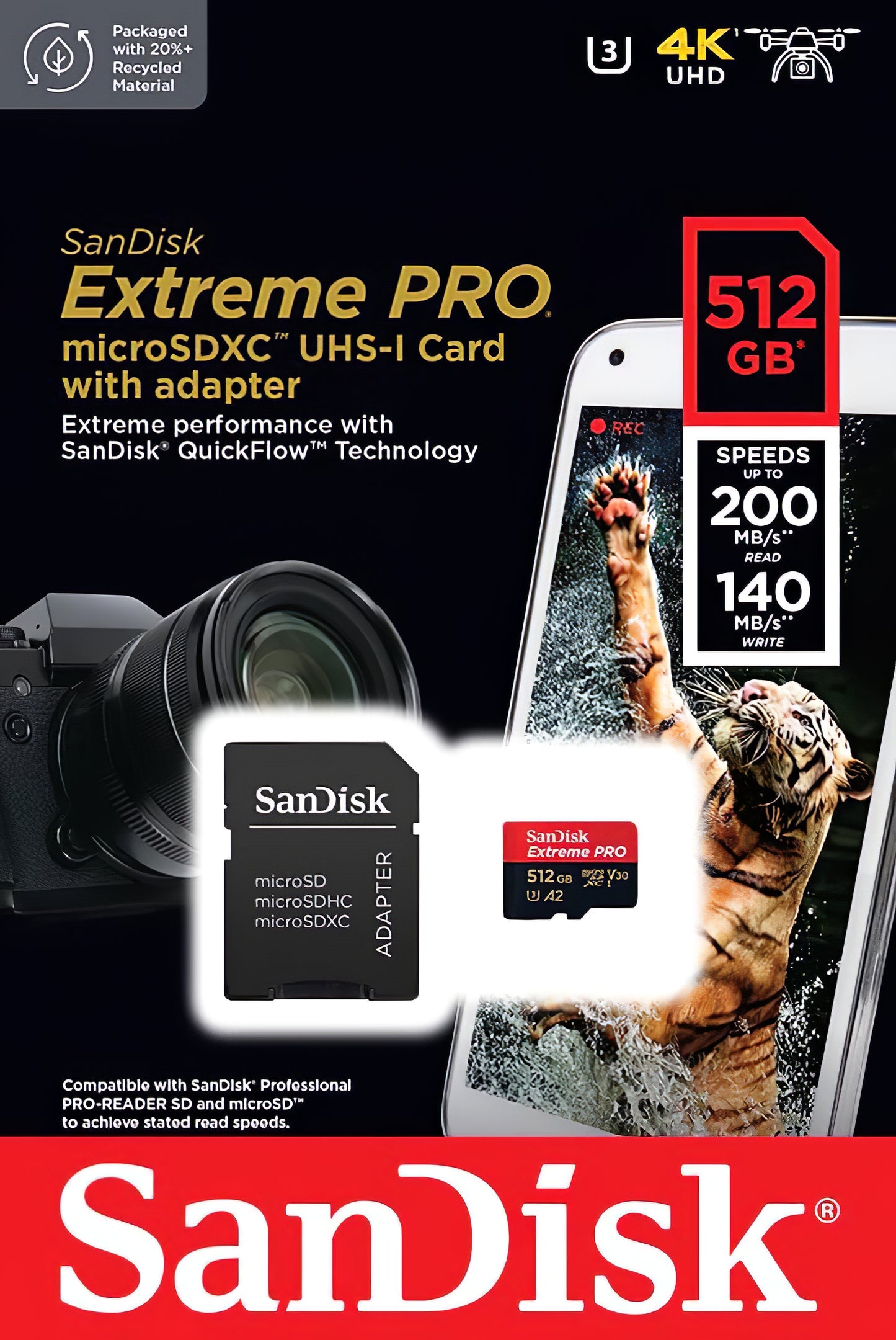 Karta pamięci microSDXC SanDisk Extreme Pro, 512Gb, Klasa 10 / UHS-1 U3, Z adapterem SDSQXCD-512G-GN6MA