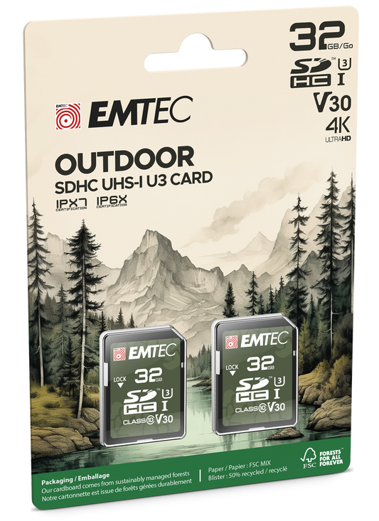 Karta pamięci SDHC Emtec Rugged Outdoor, 32Gb, Klasa 10 / UHS-1 U3, Zestaw 2 sztuki ECMSD32GHC10ORP2