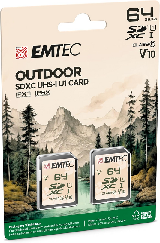 Karta pamięci SDXC Emtec Rugged Outdoor, 64GB, Klasa 10 / UHS-1 U1, Zestaw 2 sztuki ECMSD64GXCU1ORP2