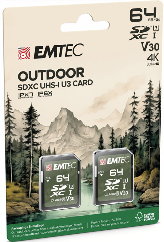 Karta pamięci SDXC Emtec Rugged Outdoor, 64GB, Klasa 10 / UHS-1 U3, Zestaw 2 sztuki ECMSD64GXCU3ORP