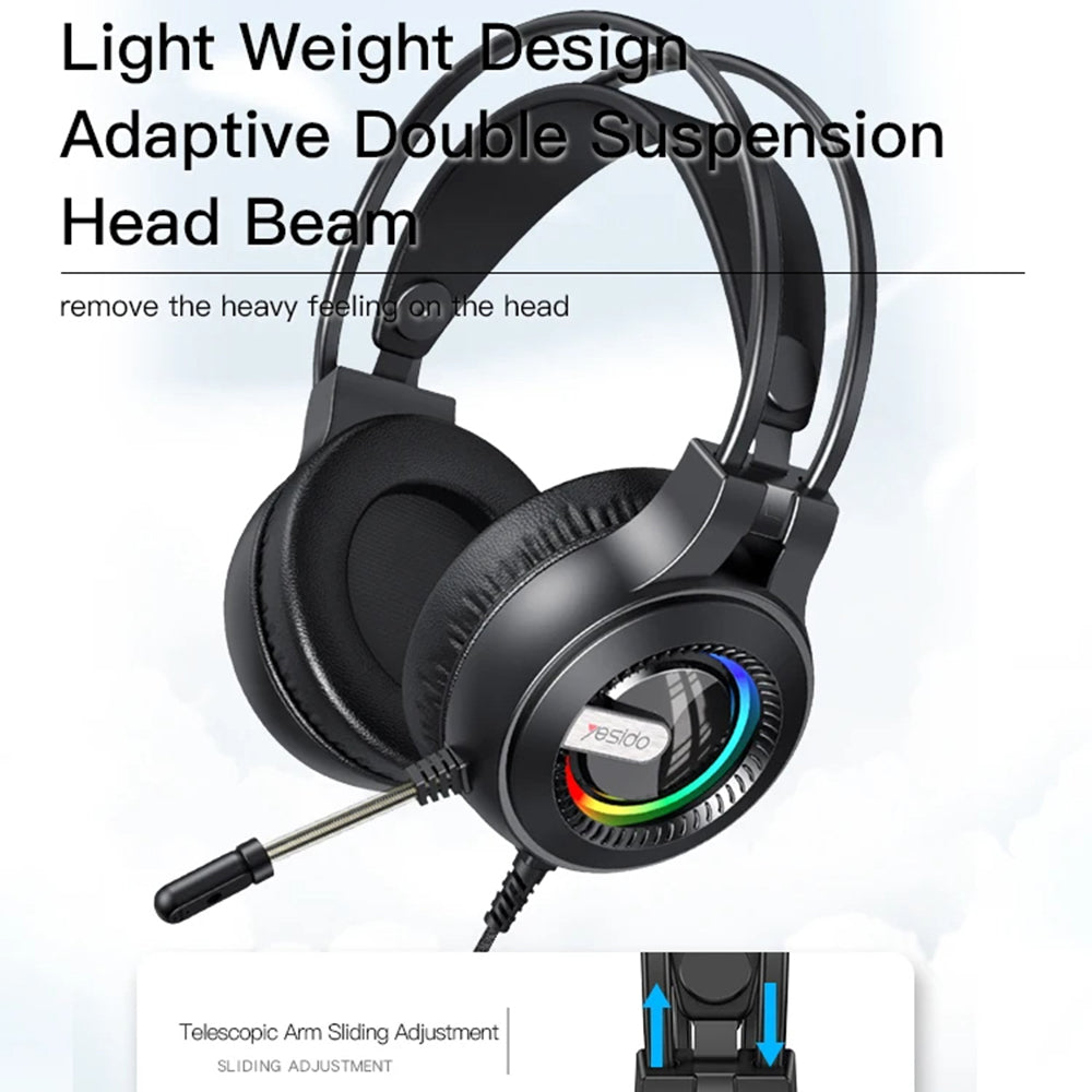 Słuchawki Gamingowe 3.5mm Yesido EK02, RGB, 2.2m, Czarne