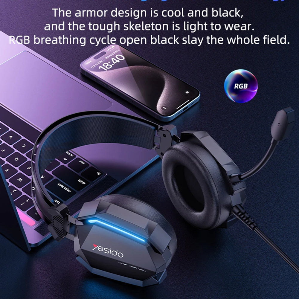 Słuchawki Gamingowe 3.5mm Yesido EK03, RGB, 2m, Czarne