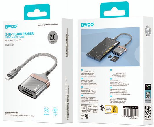 Czytnik kart USB-C BWOO BZ64, SD - microSD, Szary