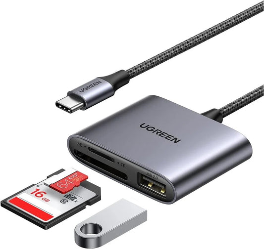 Czytnik kart USB-C UGREEN CM387, USB-A - SD - microSD, Czarny