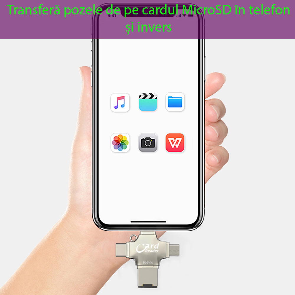 Czytnik kart USB / USB-C / Lightning / microUSB Yesido GS13, microSD, Srebrny