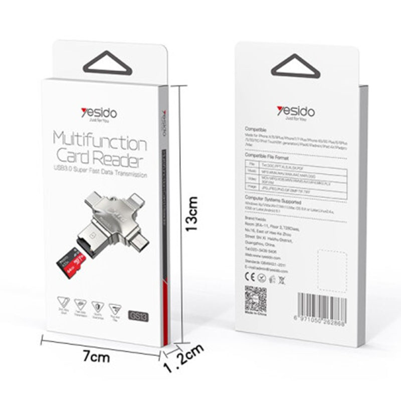 Czytnik kart USB / USB-C / Lightning / microUSB Yesido GS13, microSD, Srebrny