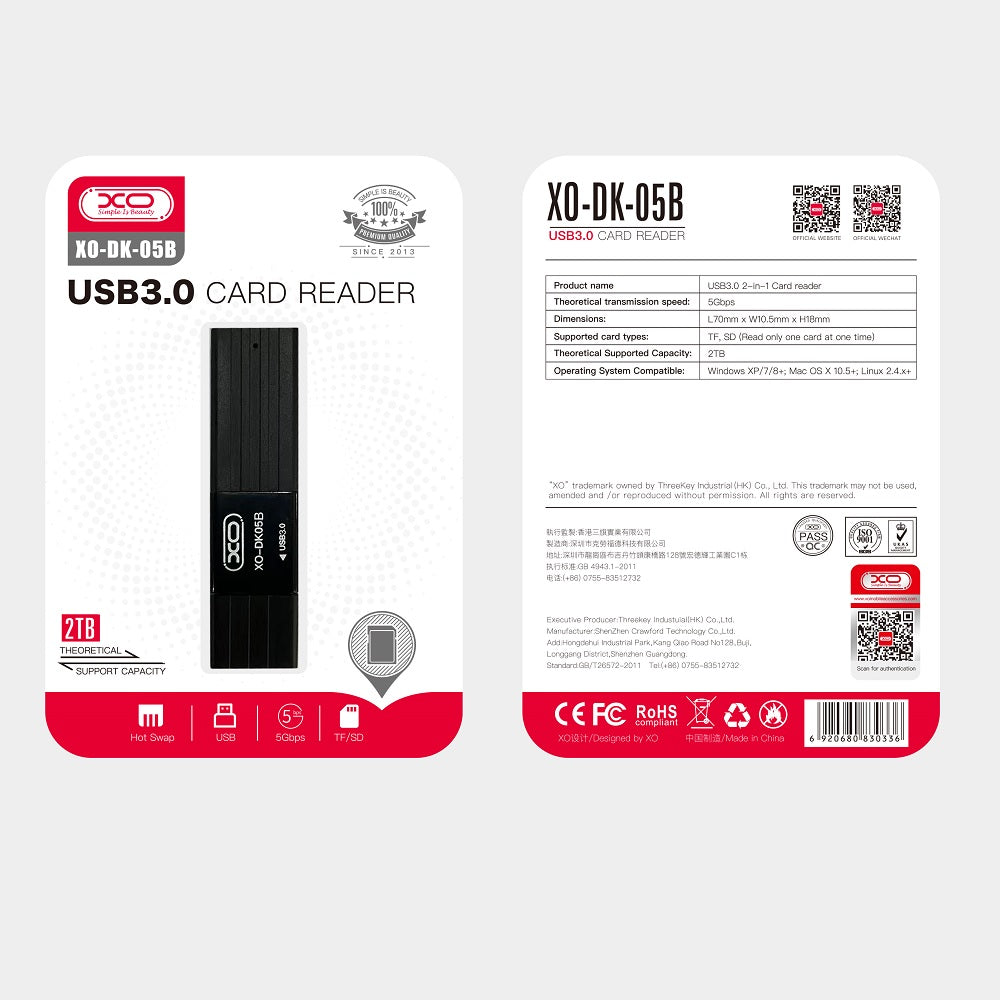 Czytnik kart USB 3.0 XO Design DK05B, SD - microSD, Czarny