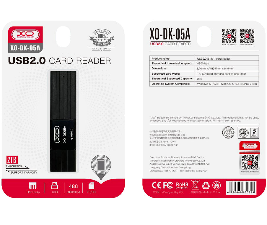 Czytnik kart USB XO Design DK05A, SD - microSD, czarny
