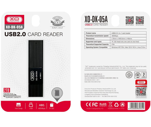 Czytnik kart USB XO Design DK05A, SD - microSD, czarny