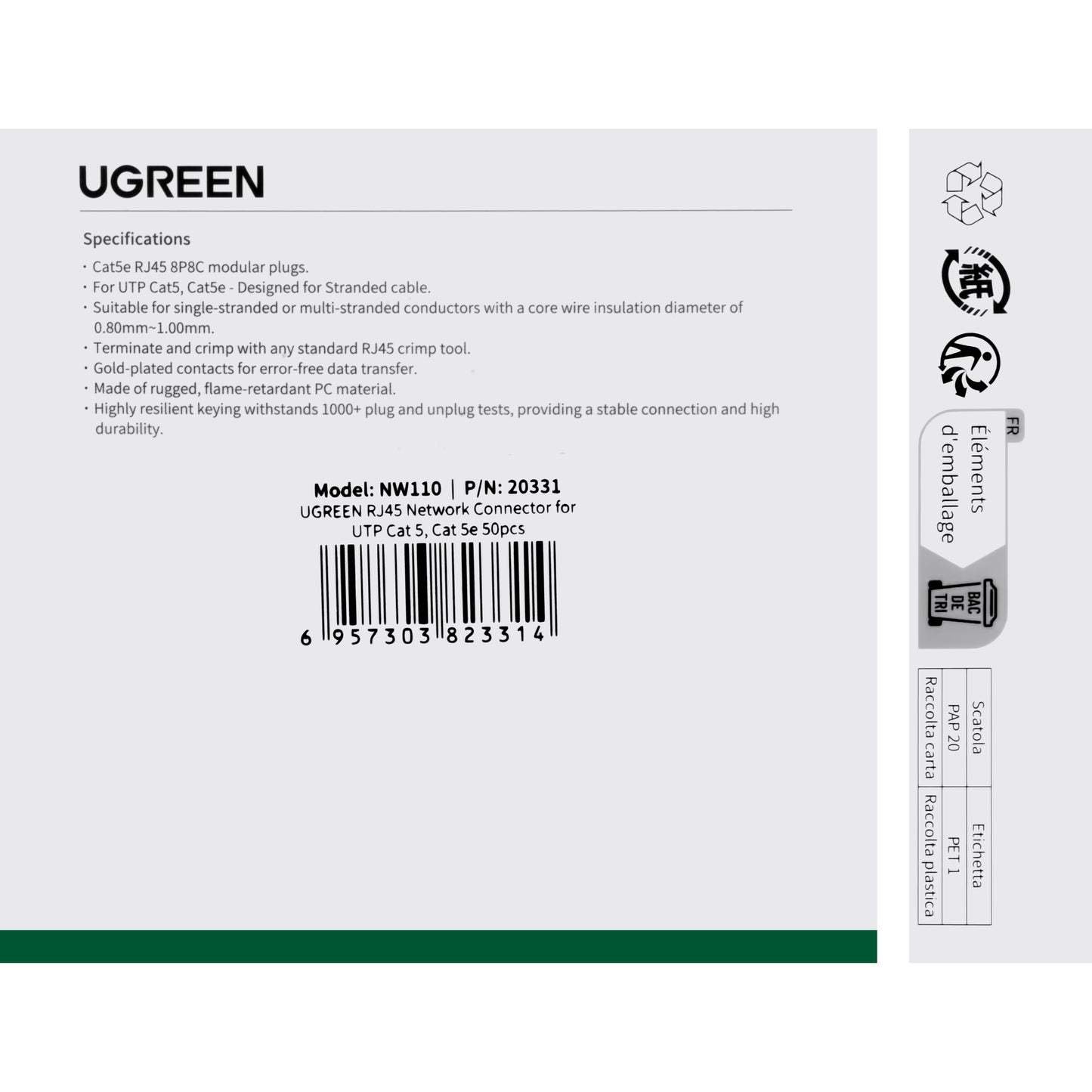 Złącze sieciowe UGREEN NW110, RJ45, Cat5, zestaw 50 sztuk