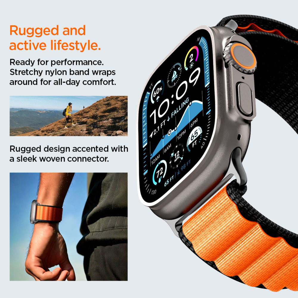 Pasek Spigen WBF1 do Apple Watch 49mm / 46mm / 45mm / 44mm Series, Czarno-Pomarańczowy AMP10145