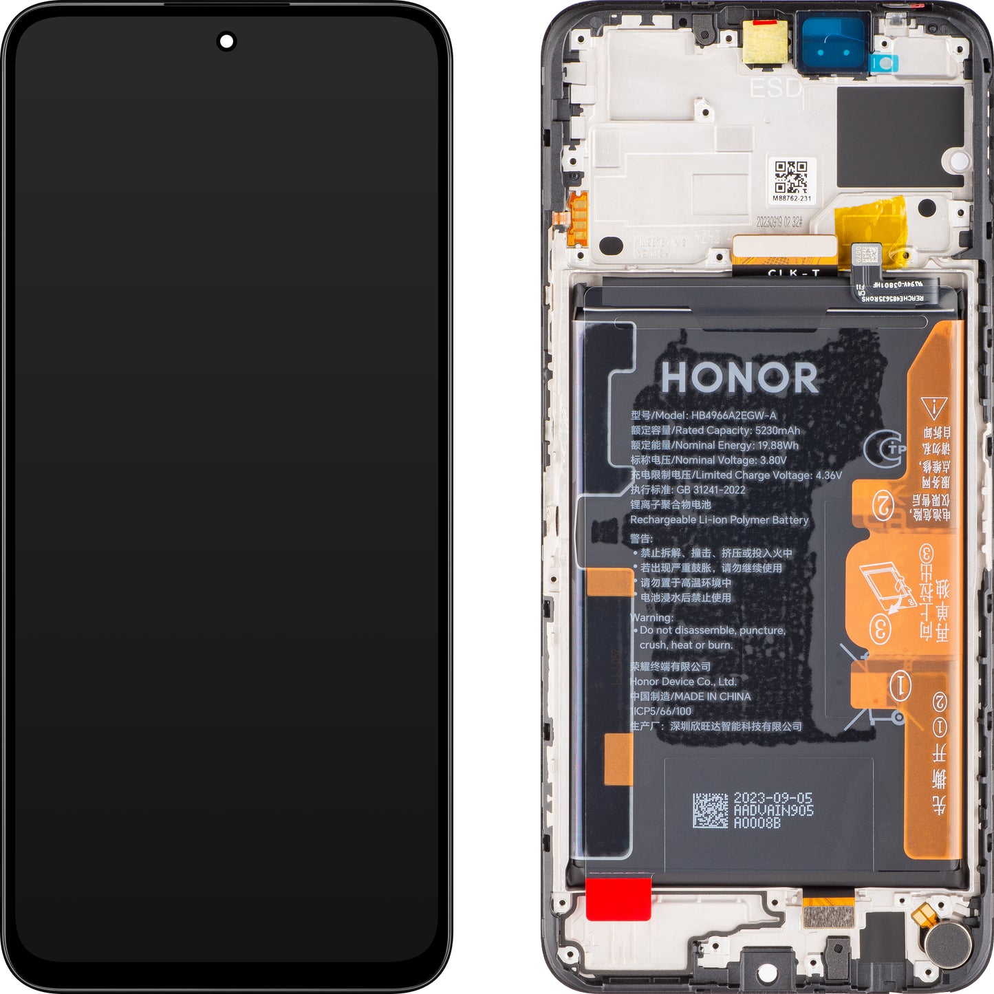 Ekran dotykowy Honor 90 Smart / X7b 4G, z ramką i baterią, czarny (Midnight Black), Service Pack 0235AHDQ