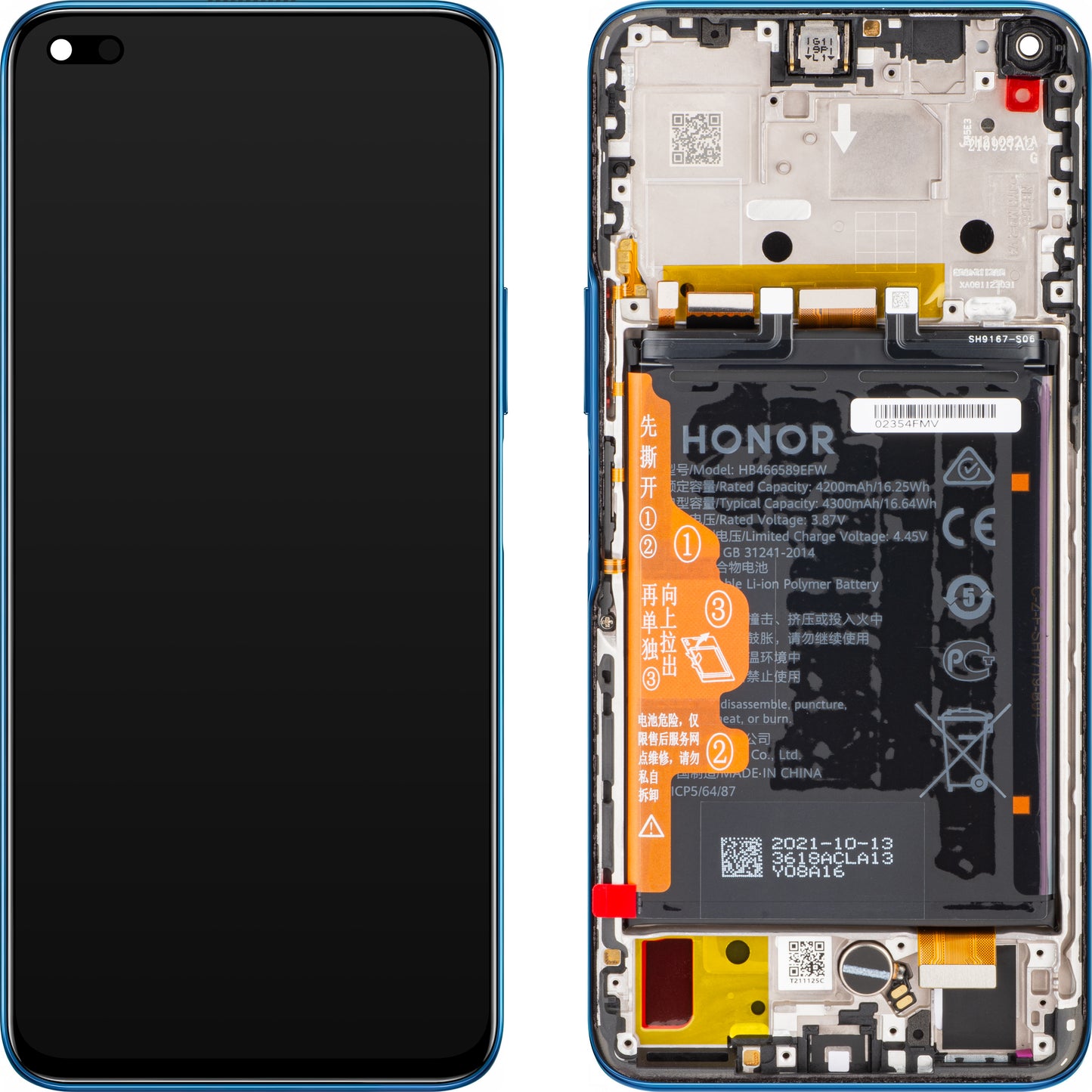 Wyświetlacz dotykowy Honor 50 Lite, z ramką i baterią, kolor niebieski, Service Pack 02354FMW