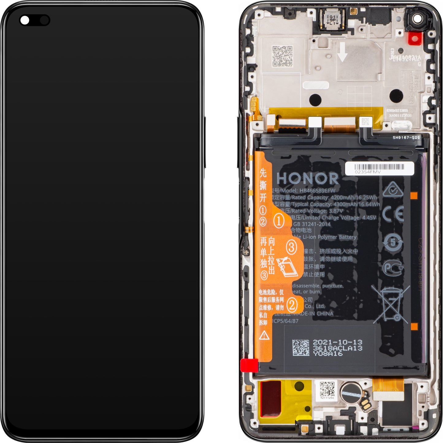 Wyświetlacz dotykowy Honor 50 Lite, z ramką i baterią, czarny (Midnight Black), Service Pack 02354FMV