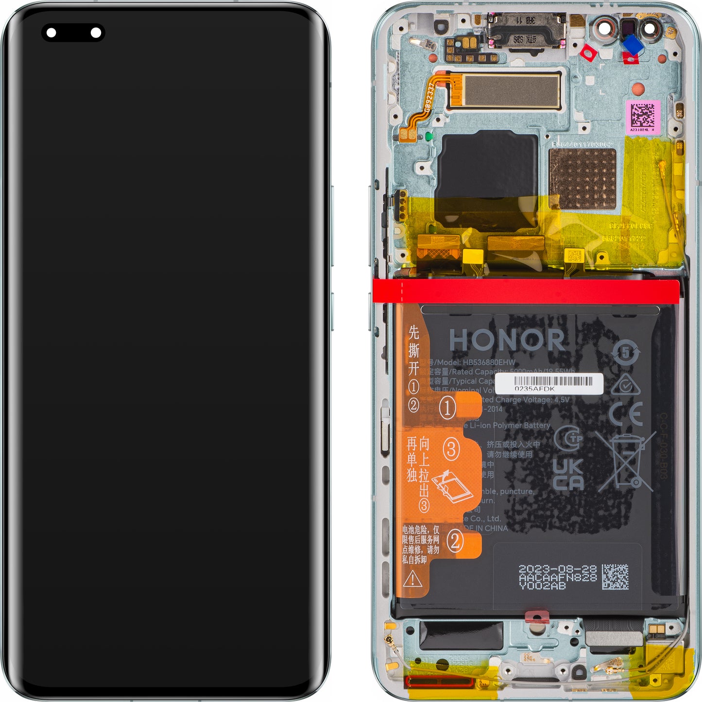 Wyświetlacz dotykowy z ekranem dotykowym Honor Magic5 Pro, z ramką i baterią, Meadow Green, Service Pack 0235AFDK