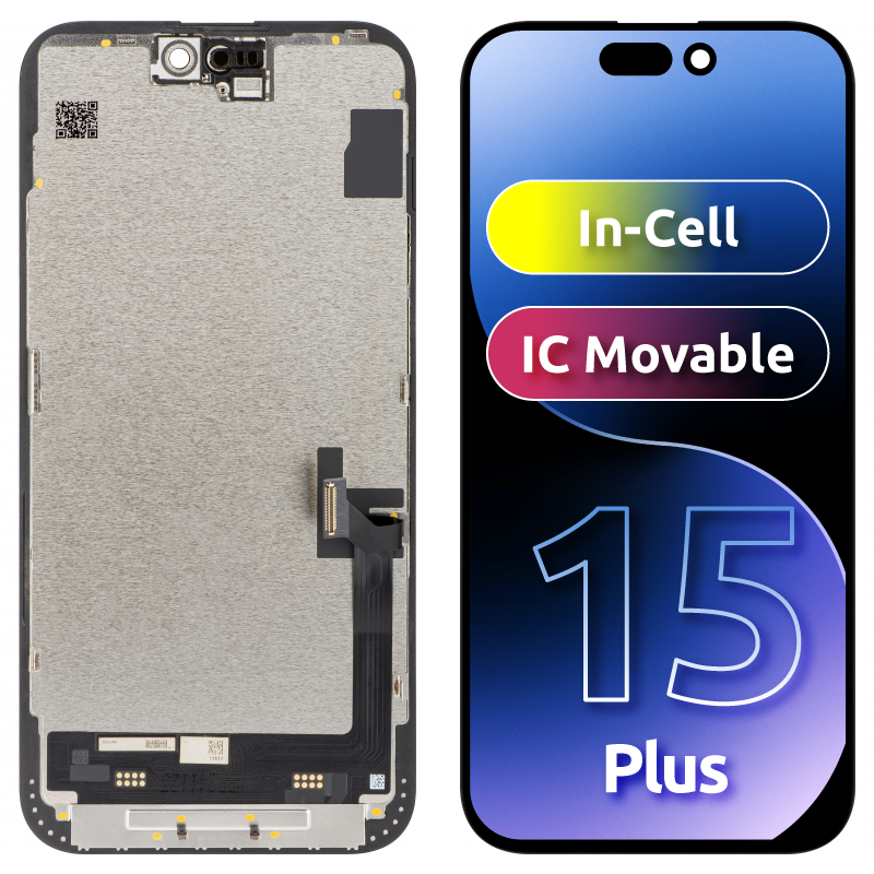 Wyświetlacz z ekranem dotykowym JK dla Apple iPhone 15 Plus, z ramką, wersja LCD In-Cell IC Movable, Czarny