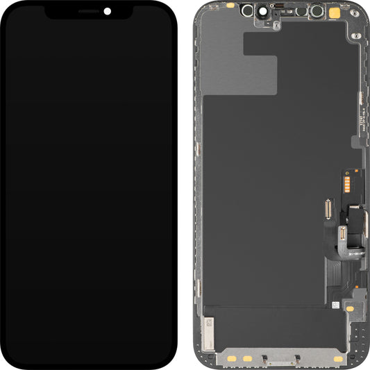 Wyświetlacz z ekranem dotykowym MP kompatybilny z Apple iPhone 12 / 12 Pro, z ramką, wersja OLED Diagnostic, czarny