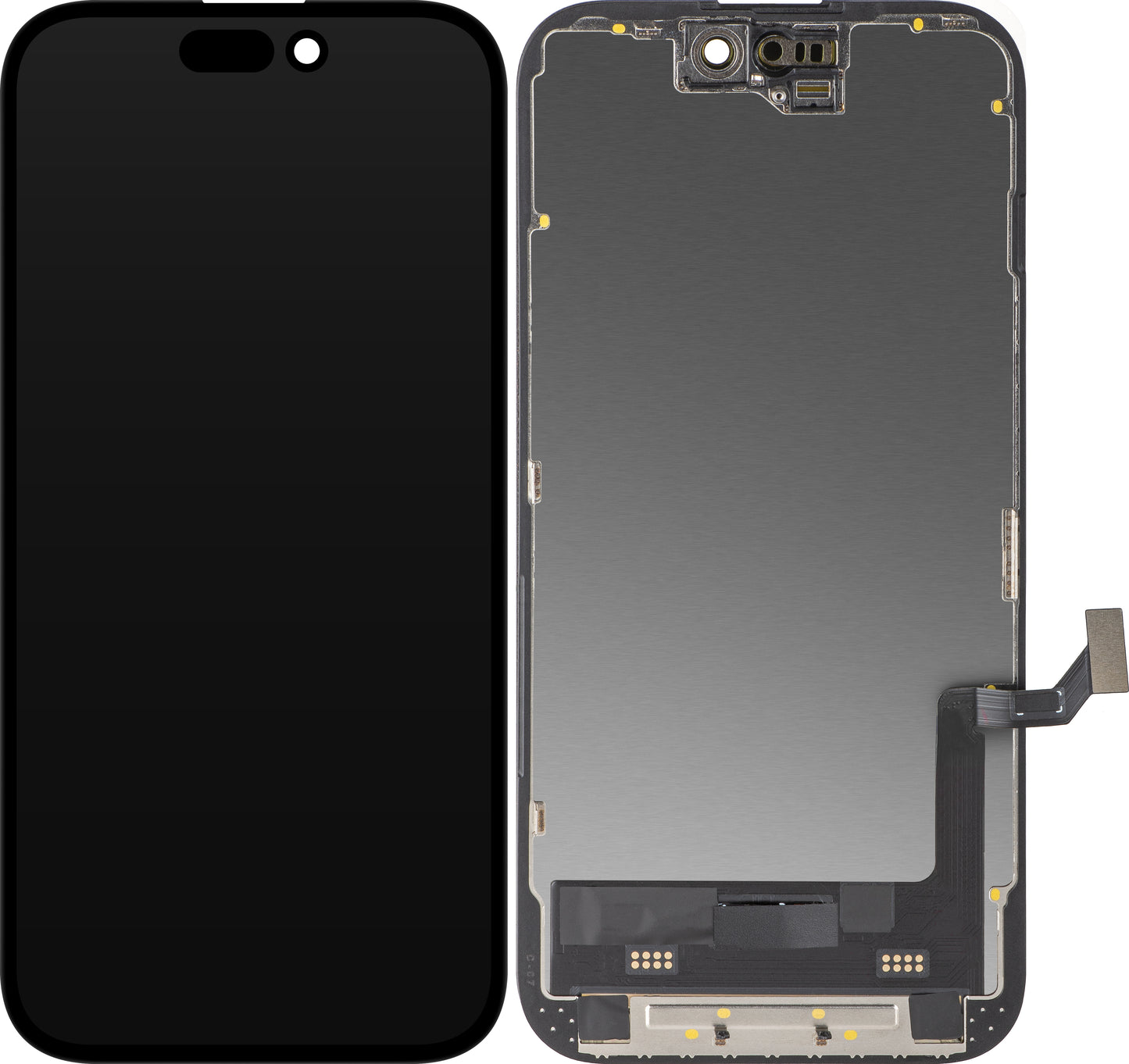 Wyświetlacz z ekranem dotykowym MP kompatybilny z Apple iPhone 15, z ramką, wersja Soft OLED FHD Diagnostic, czarny