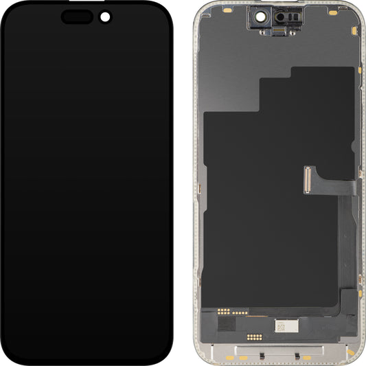 Wyświetlacz z ekranem dotykowym MP kompatybilny z Apple iPhone 15 Pro, z ramką, wersja OLED FHD Diagnostic, czarny