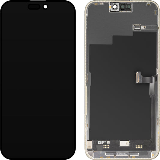 Wyświetlacz z ekranem dotykowym MP kompatybilny z Apple iPhone 15 Pro Max, z ramką, wersja Premium Soft OLED FHD 120Hz diagnostyczny, czarny, ponownie zapakowany