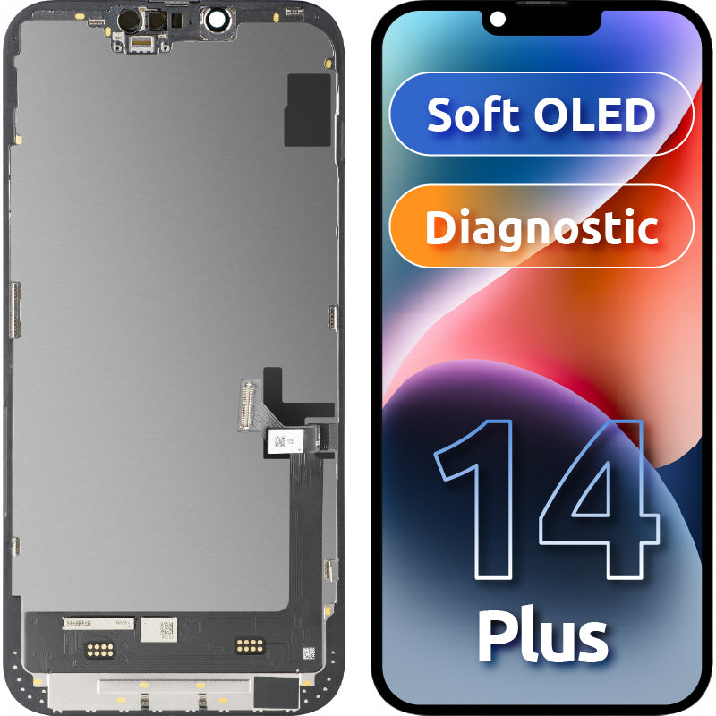 Wyświetlacz z ekranem dotykowym MP kompatybilny z Apple iPhone 14 Plus, z ramką, wersja Soft OLED FHD Diagnostic, czarny