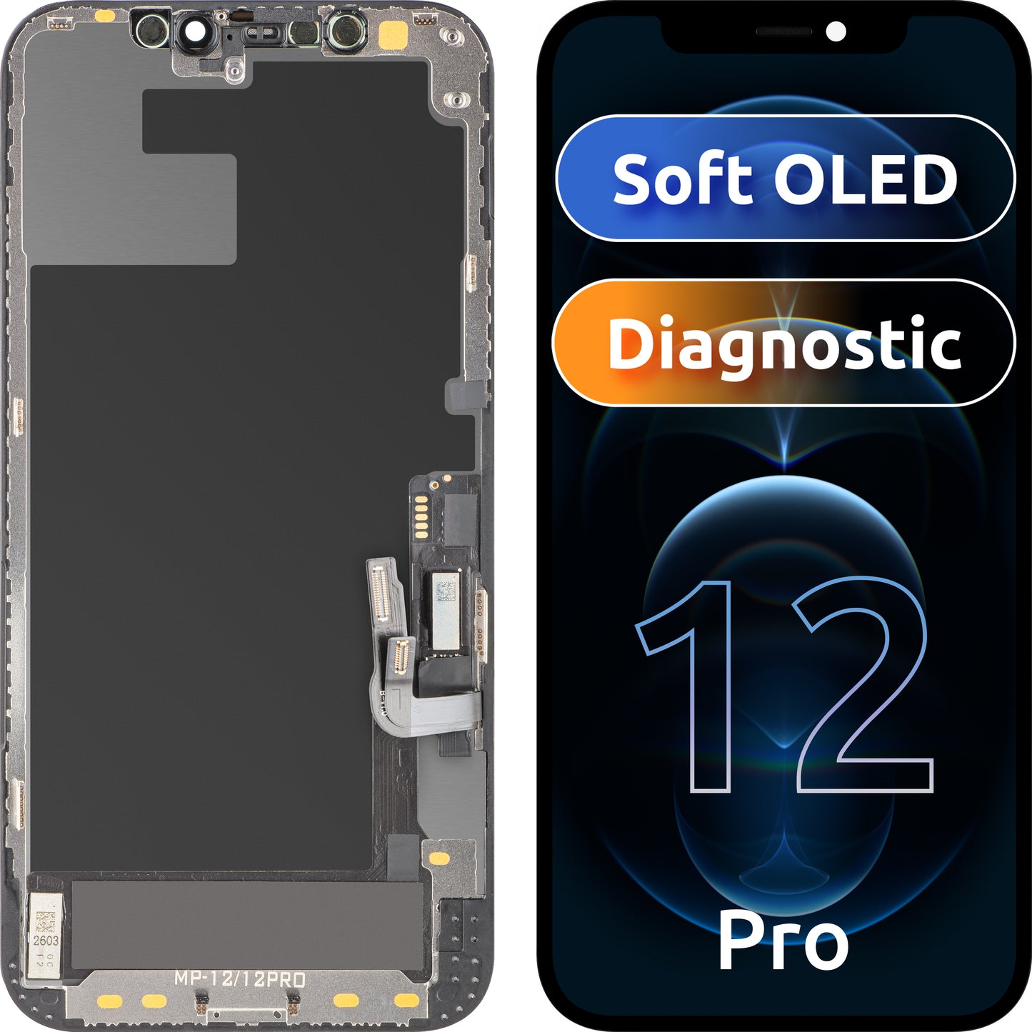 Wyświetlacz z ekranem dotykowym MP kompatybilny z Apple iPhone 12 / 12 Pro, z ramką, wersja oprogramowania OLED FHD Diagnostic, czarny