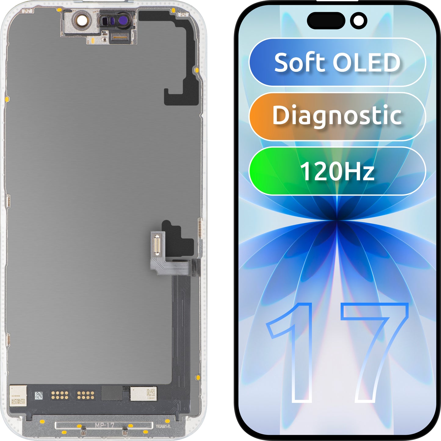 Wyświetlacz z ekranem dotykowym MP kompatybilny z Apple iPhone 17, z ramką, wersja oprogramowania OLED FHD 120Hz diagnostyczna, czarny