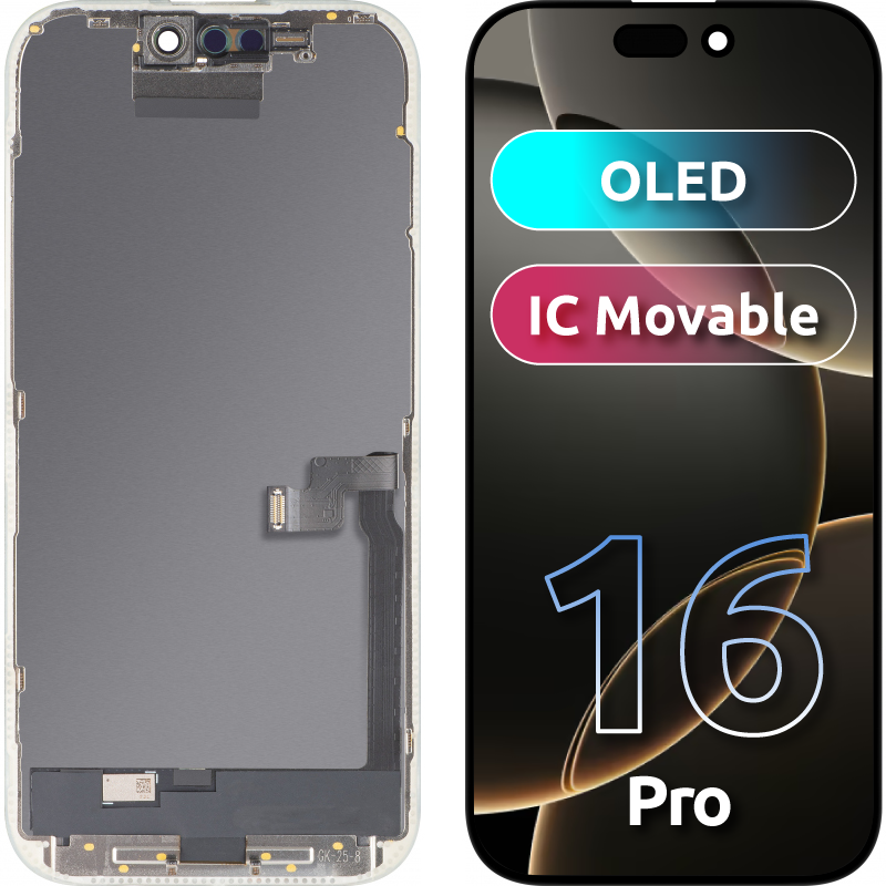 Wyświetlacz z ekranem dotykowym MP kompatybilny z Apple iPhone 16 Pro, z ramką, wersja OLED FHD IC Movable, czarny
