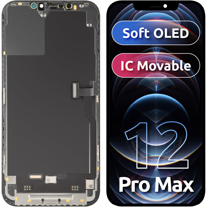 Wyświetlacz z ekranem dotykowym MP kompatybilny z Apple iPhone 12 Pro Max, z ramką, wersja Soft OLED IC Movable FHD, Czarny