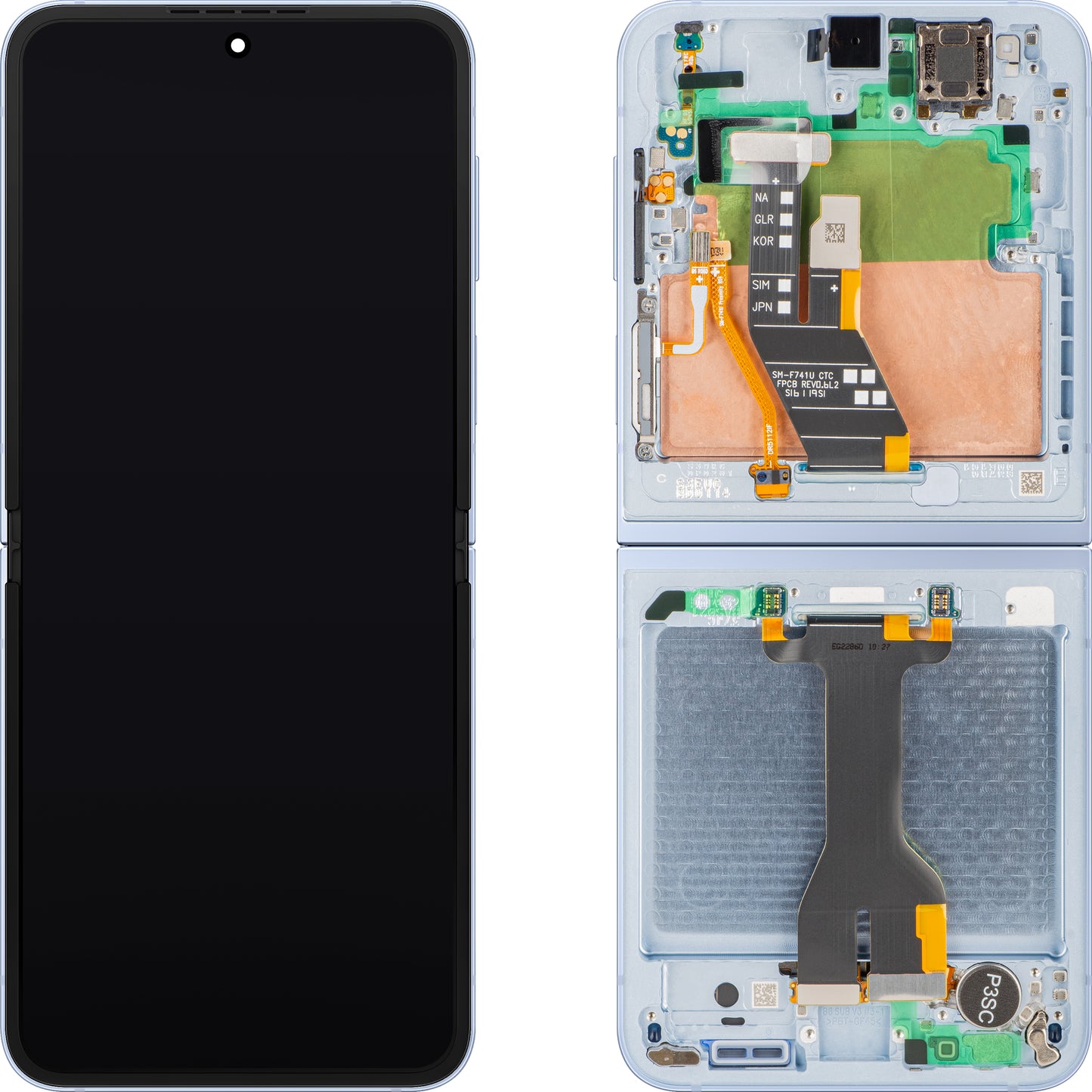 Wyświetlacz z ekranem dotykowym Samsung Galaxy Z Flip6 F741, z ramką, Sub Inner, niebieski, zestaw serwisowy GH82-35014C