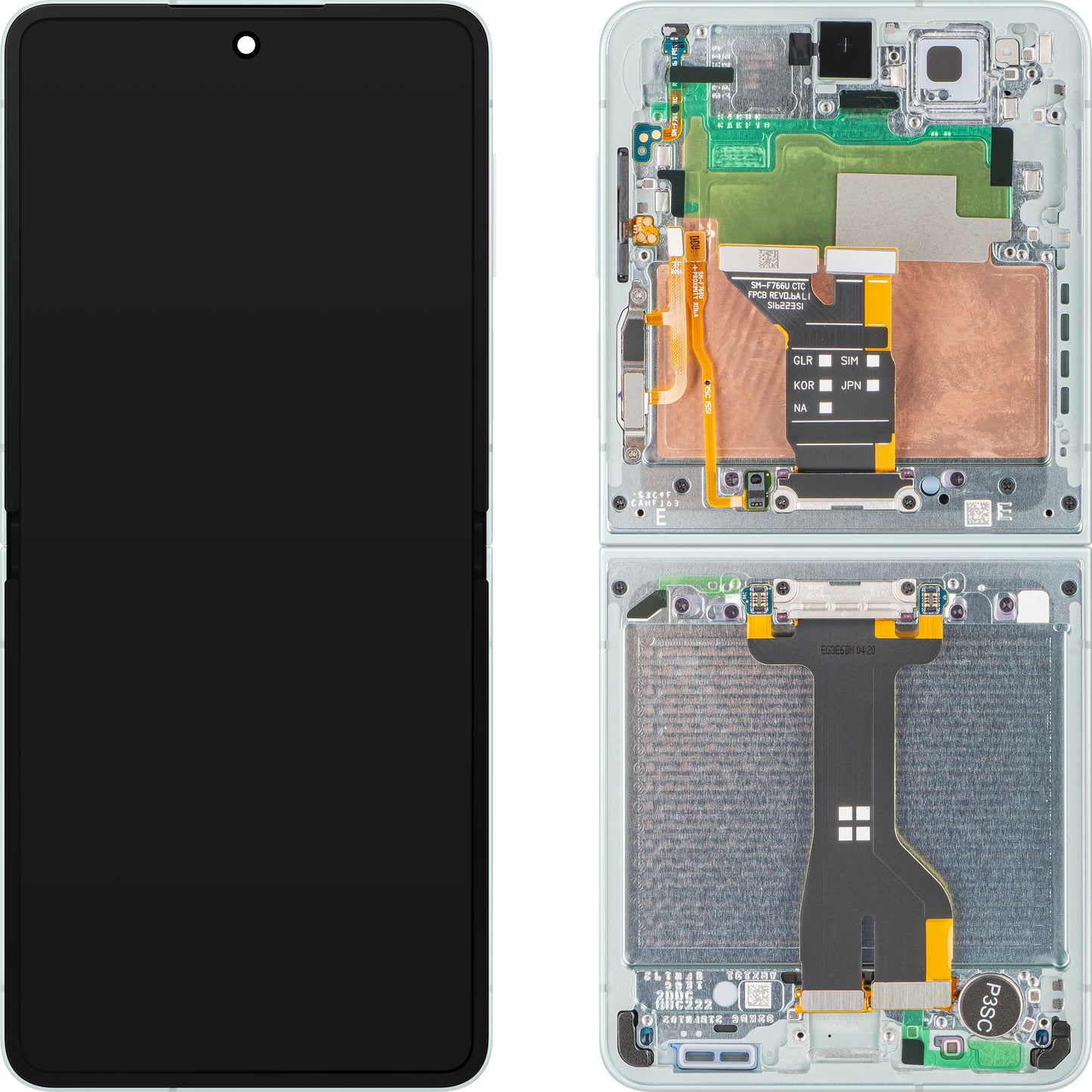 Wyświetlacz z ekranem dotykowym Samsung Galaxy Z Flip7 F766, z ramką, podzespołem wewnętrznym, zielony (miętowy), pakiet serwisowy GH82-37581E