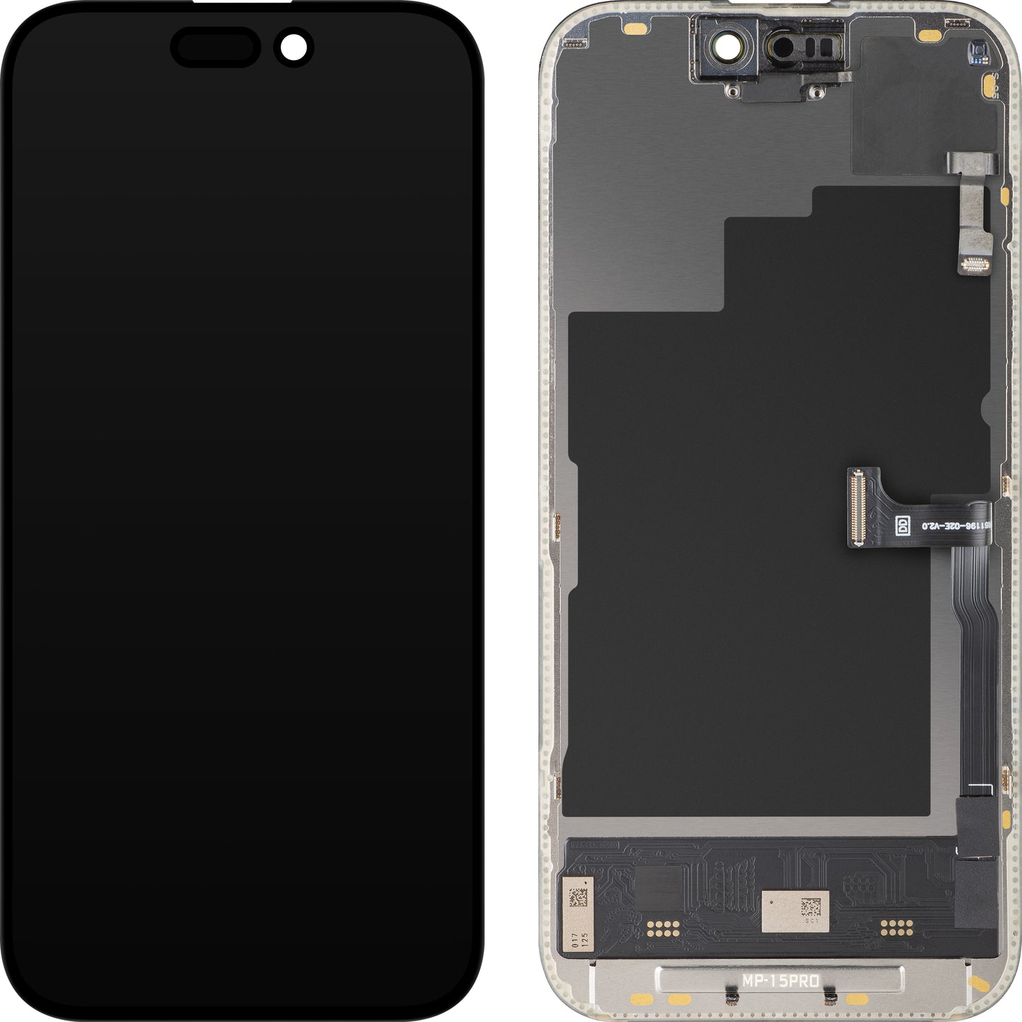 Wyświetlacz z ekranem dotykowym i czujnikiem zbliżeniowym MP kompatybilny z Apple iPhone 15 Pro, z ramką, wersja oprogramowania OLED FHD 120Hz Diagnostic, czarny