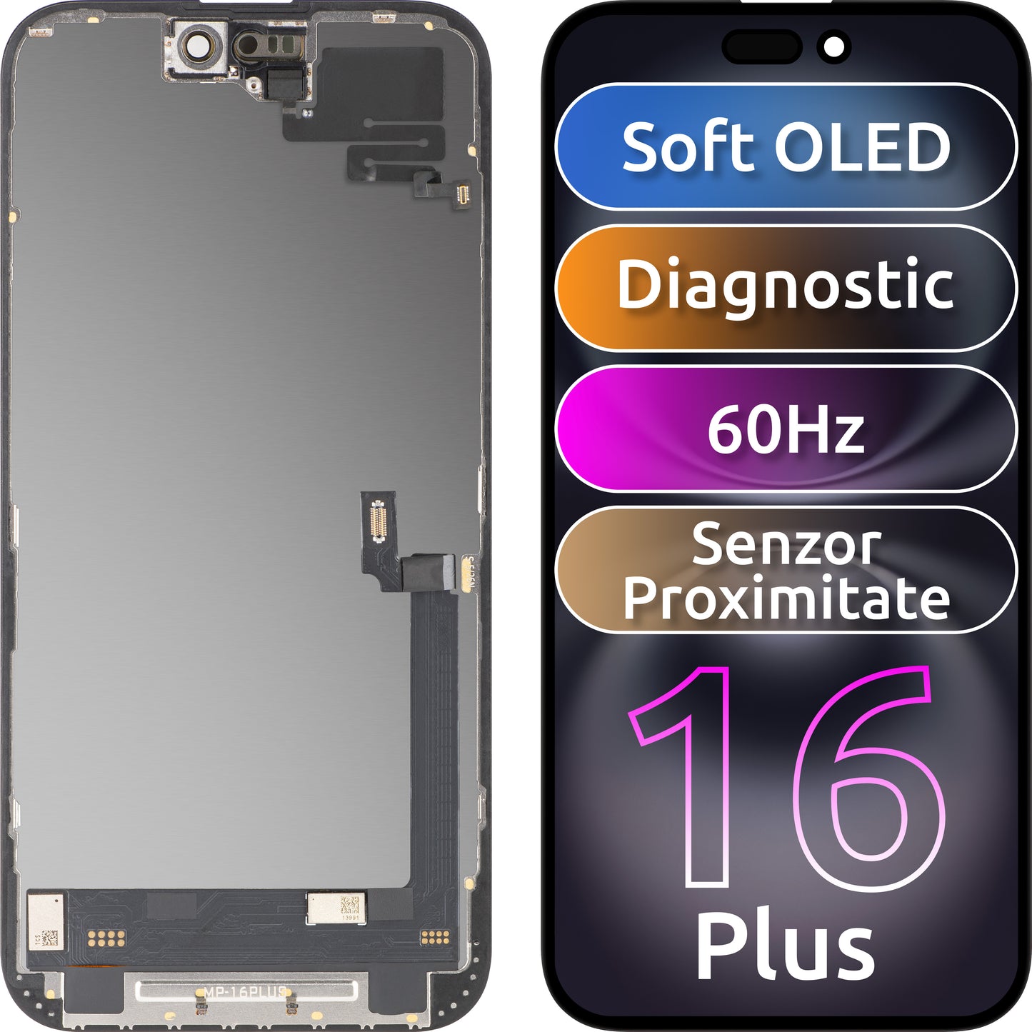 Wyświetlacz z ekranem dotykowym i czujnikiem zbliżeniowym MP kompatybilny z Apple iPhone 16 Plus, z ramką, wersja oprogramowania OLED FHD diagnostyczna, czarny