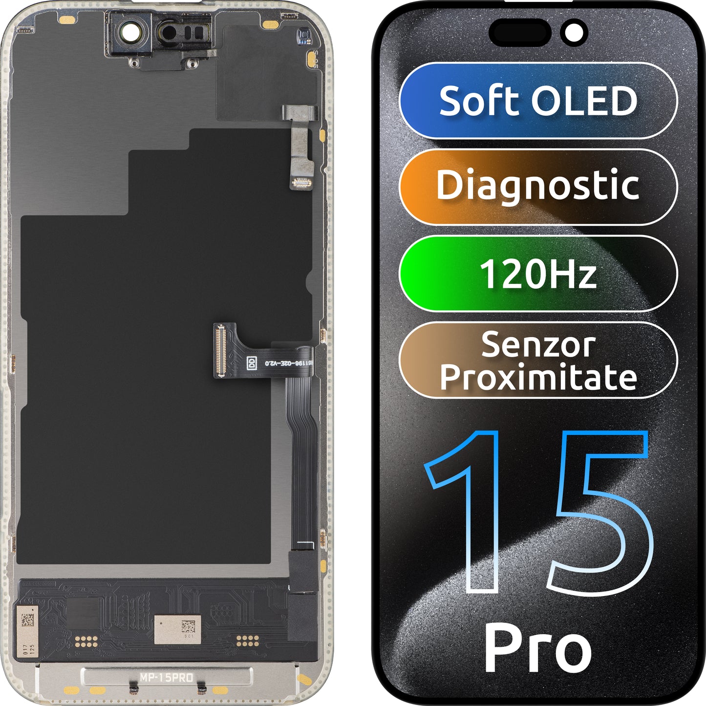 Wyświetlacz z ekranem dotykowym i czujnikiem zbliżeniowym MP kompatybilny z Apple iPhone 15 Pro, z ramką, wersja oprogramowania OLED FHD 120Hz Diagnostic, czarny