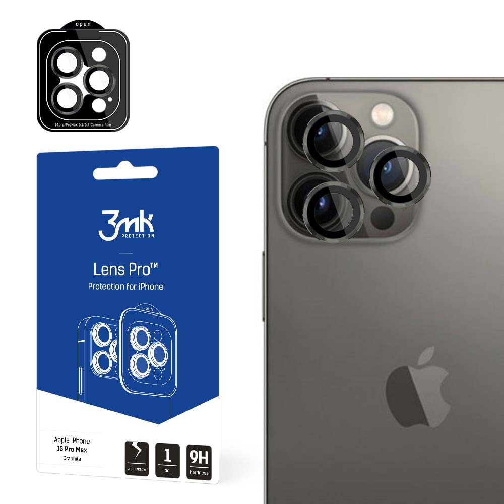 3MK Rear Camera Protection Film for Apple iPhone 15 Pro Max, Tempered Glass, Black