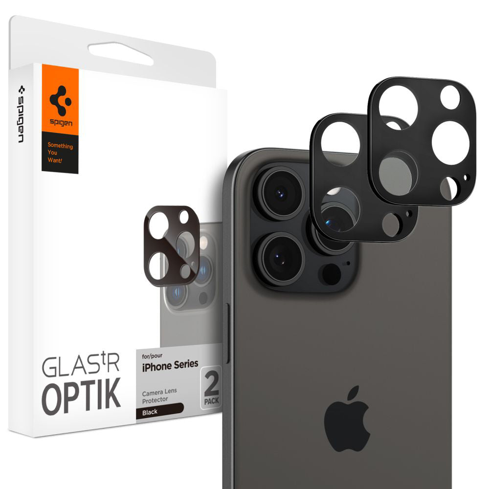 Spigen Optik Folia ochronna na tylny aparat dla Apple iPhone 15 Pro Max / 15 Pro, szkło ochronne, pełne klejenie, zestaw 2 sztuk, czarny AGL05273