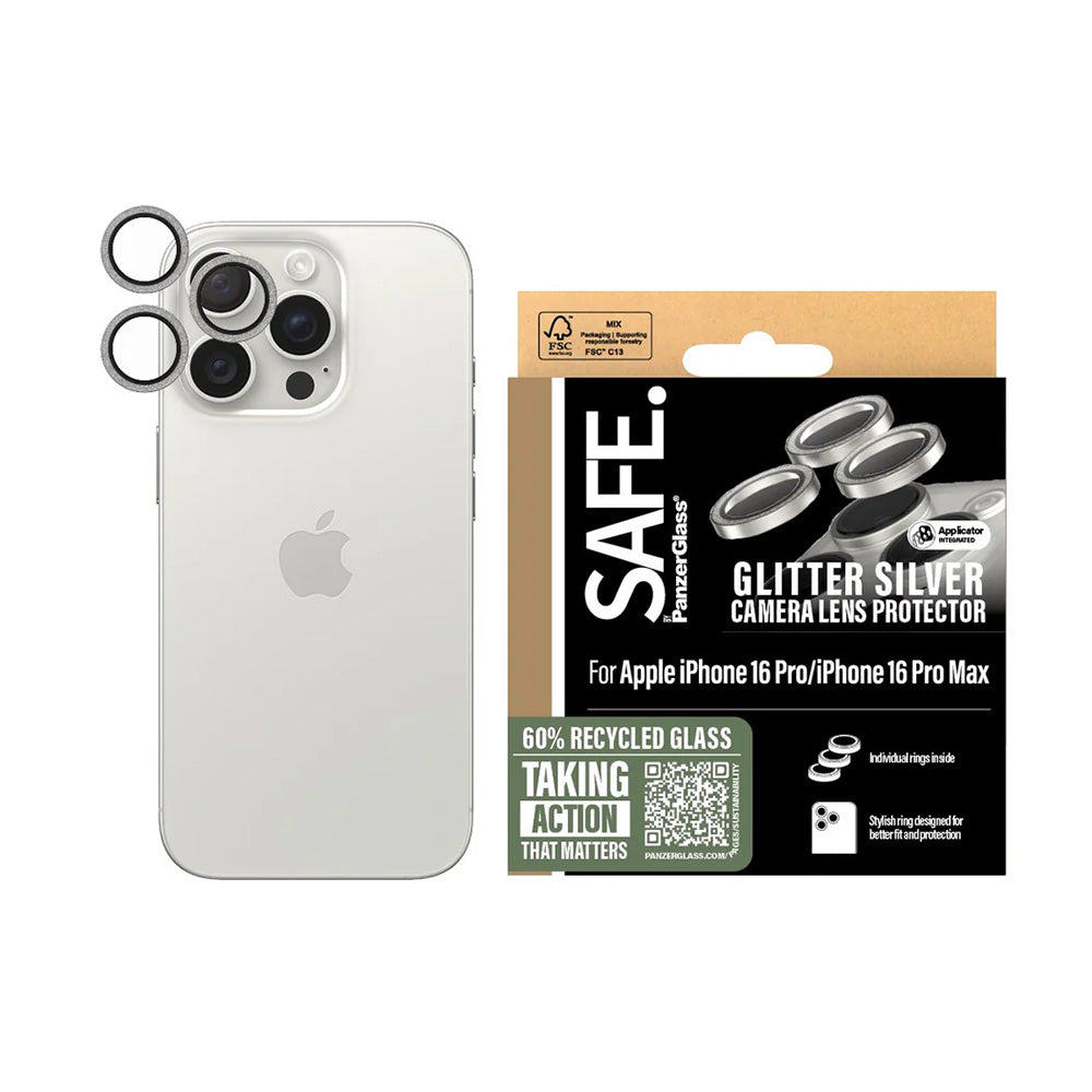 Folia ochronna na tylną kamerę PanzerGlass Safe. Glitter dla Apple iPhone 16 Pro Max / 16 Pro, Hartowane szkło, Srebrna.