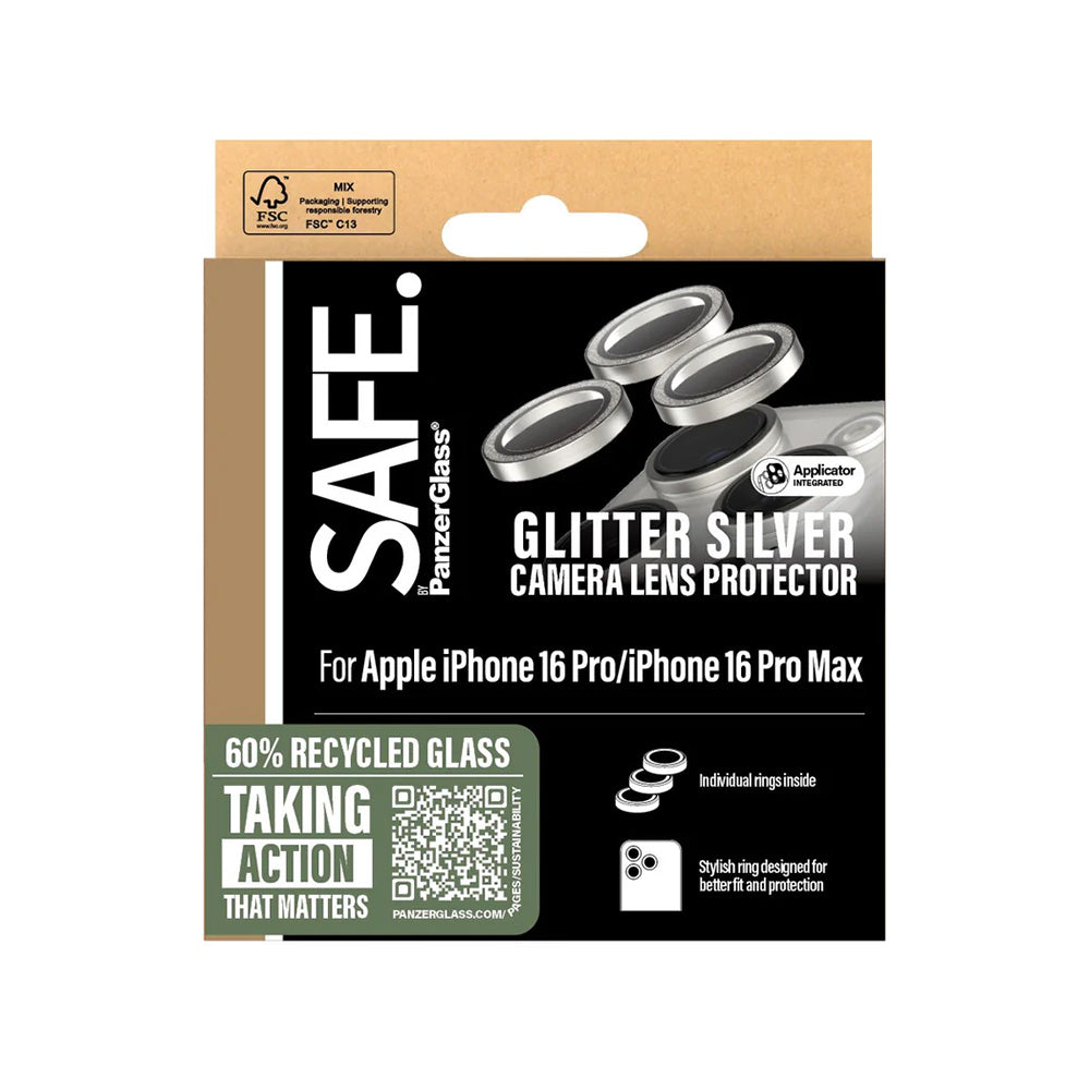 Folia ochronna na tylną kamerę PanzerGlass Safe. Glitter dla Apple iPhone 16 Pro Max / 16 Pro, Hartowane szkło, Srebrna.