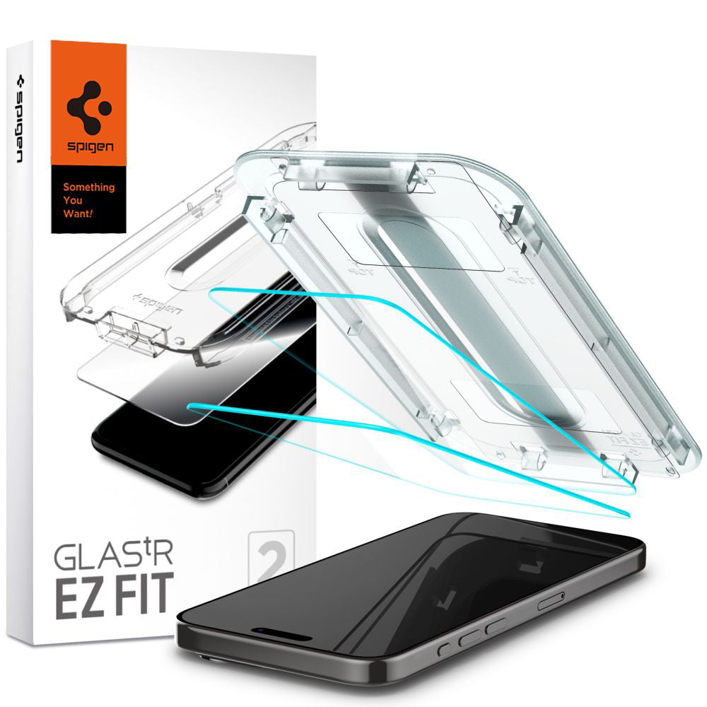 Folia ochronna na ekran Spigen GlastR EZ FIT dla Apple iPhone 15 Pro Max, Szkło Hartowane, Pełne Klejenie, Zestaw 2 sztuki AGL06872