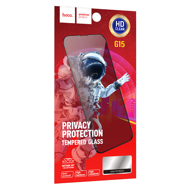 Folia ochronna do ekranu Privacy HOCO G15 dla Apple iPhone 16 / 15, Szkło Hartowane, Pełne Klejenie, 5D