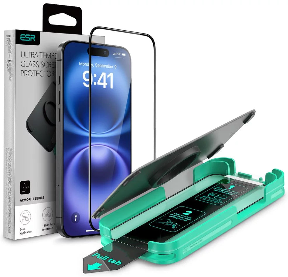 Folia ochronna ESR Armorite na ekran dla Apple iPhone 16, Hartowane szkło, Pełne klejenie, Czarna
