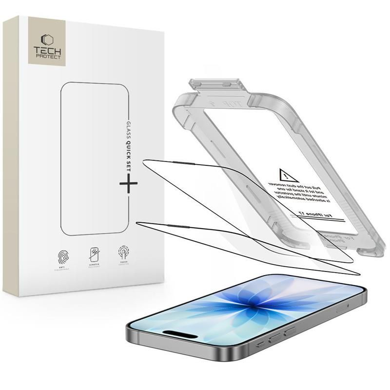 Folia ochronna na ekran Tech-Protect Quick Set+ dla Apple iPhone 17, Hartowane szkło, Pełne klejenie, Zestaw 2 sztuki, Czarna