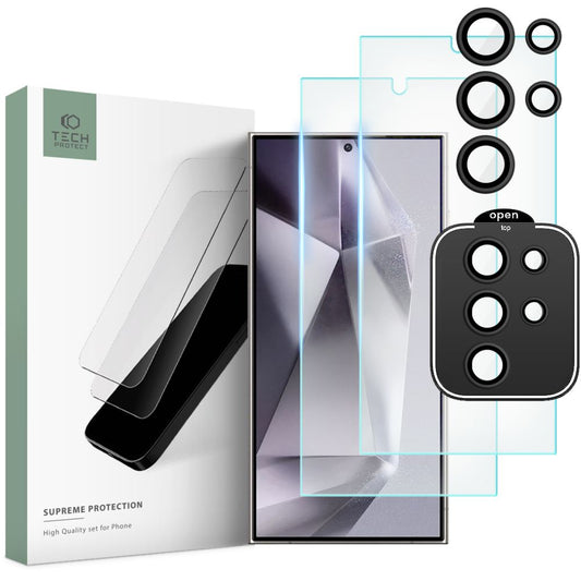 Tech-Protect Supreme Folia ochronna na ekran i aparat dla Samsung Galaxy S24 Ultra S928, szkło ochronne, pełny klej, zestaw 3 sztuk, 2.5D
