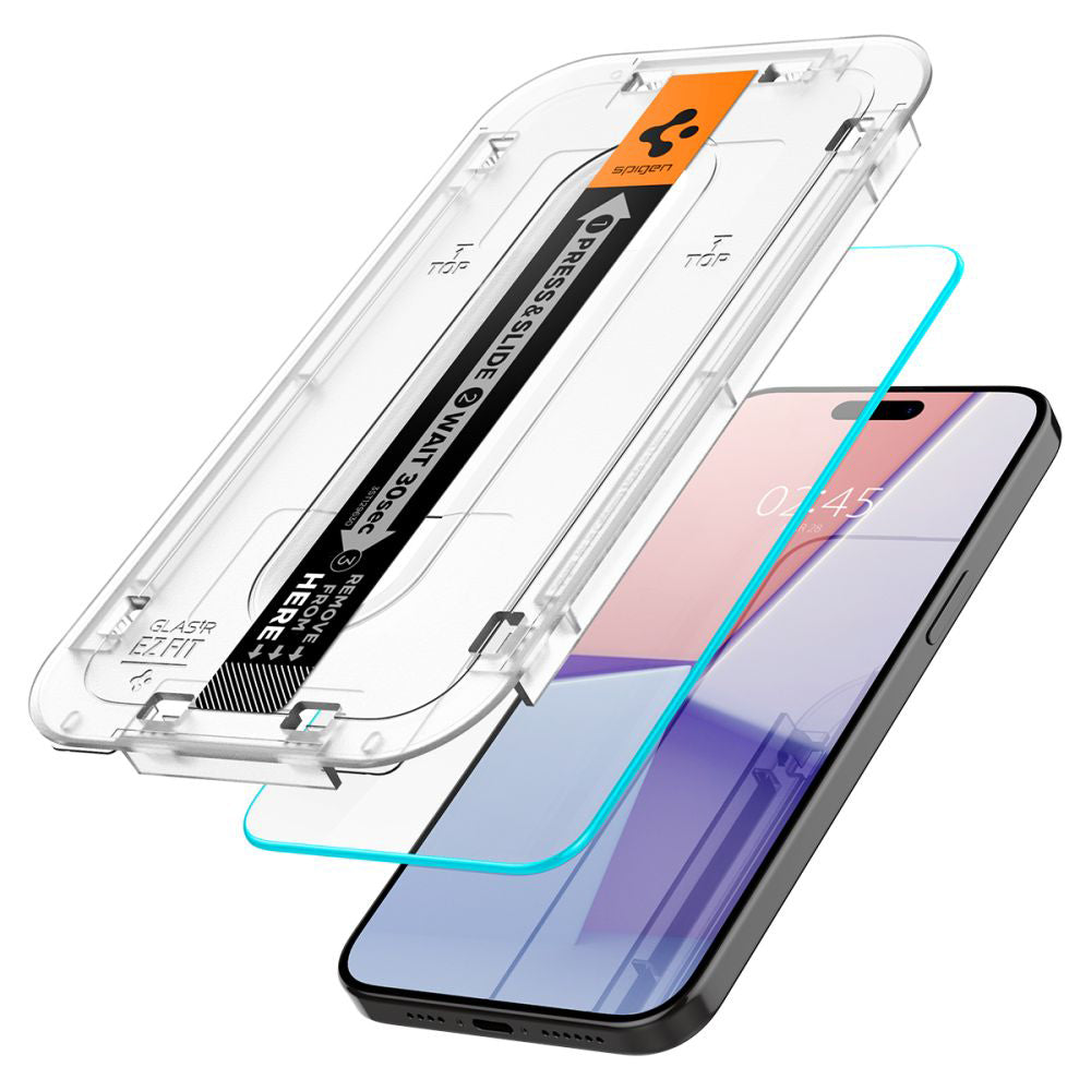 Folia ochronna na ekran Spigen GlastR EZ FIT dla Apple iPhone 15 Pro Max, Szkło Hartowane, Pełne Klejenie, Zestaw 2 sztuki AGL06872