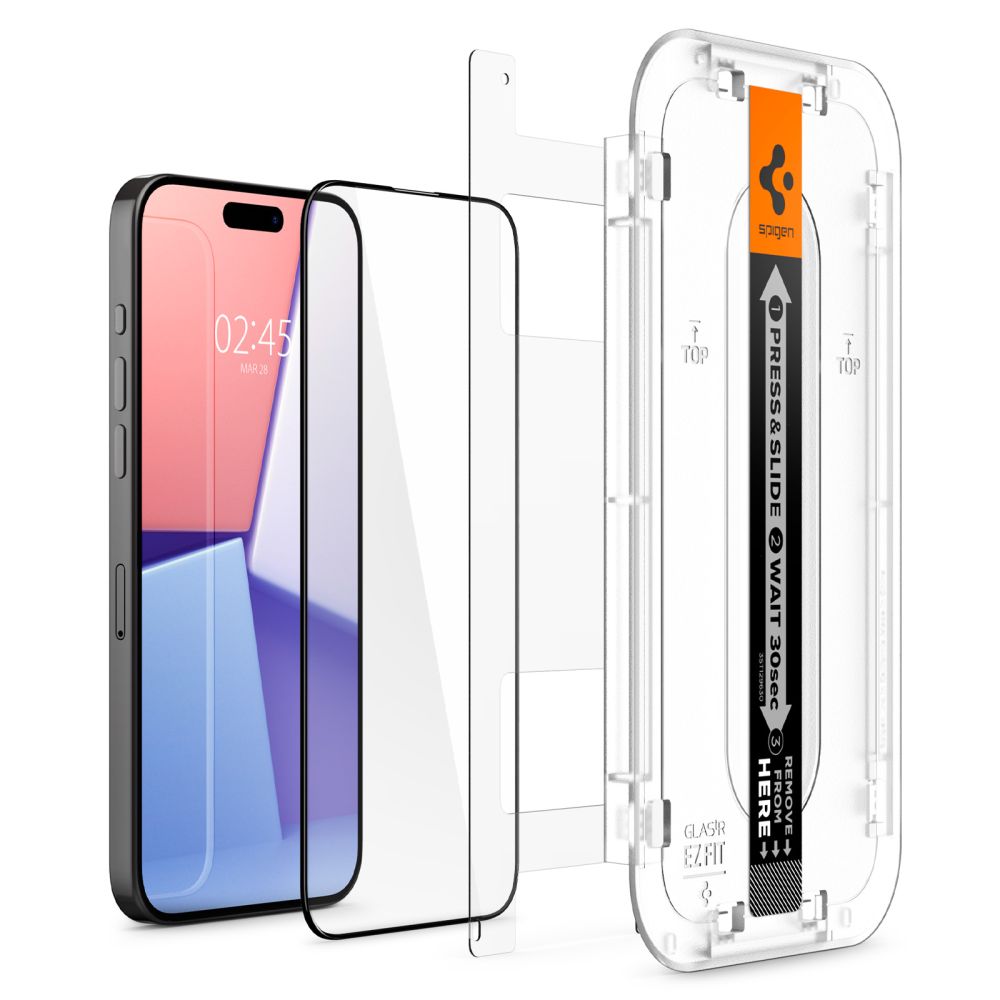 Ochraniacz ekranu Spigen EZ FIT do Apple iPhone 15 Pro Max, szkło ochronne, pełne klejenie, 2.5D, przyjazny dla etui, czarny AGL06879 AGL06879