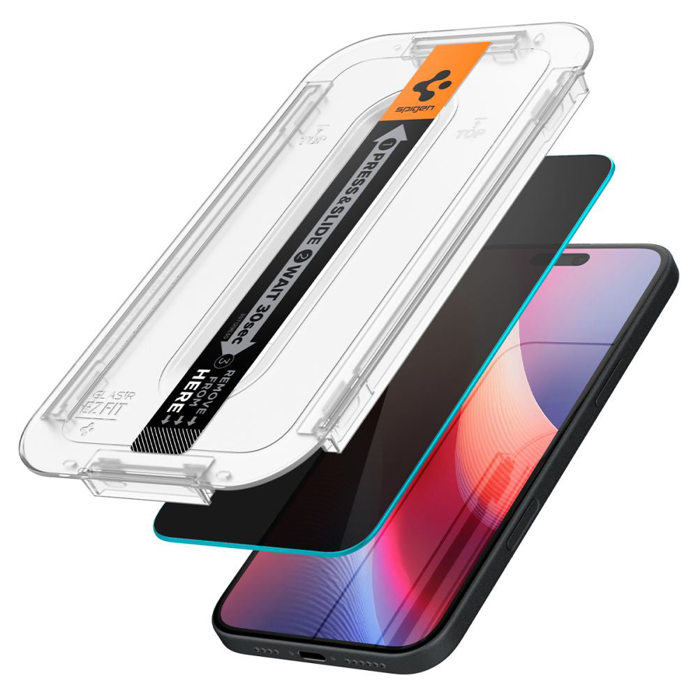 Folia ochronna do ekranu Privacy Spigen GlastR EZ FIT dla Apple iPhone 16 / 15, Szkło hartowane, Pełne klejenie, Zestaw 2 sztuki